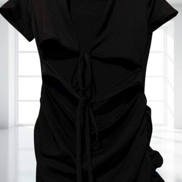 Effordram Black Tie-Front Cutout Ruffle Mini Dress Club Party Bodycon M - Picture 5 of 11